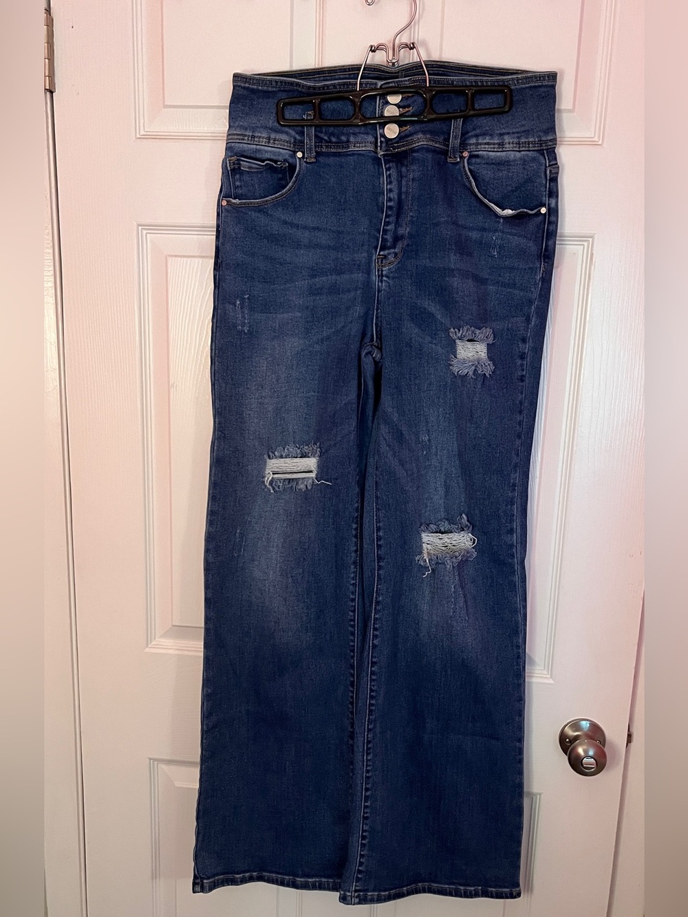 High-Rise Distressed Women's Risen Jeans - Dark Blue 15/32
